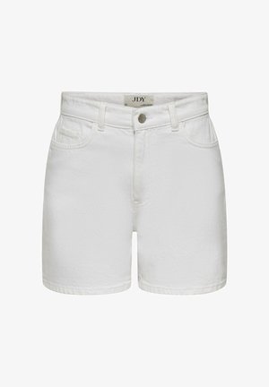 Short en jean blanc taille haute avec bouton devant, passants pour ceinture et poches avant, présenté sur un fond uni.