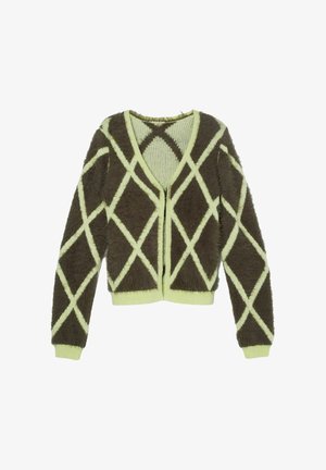 Bruine en limoen groene fuzzy cardigan met een V-hals, lange mouwen en ruitvormige patronen. Zachte textuur met geribde manchetten.