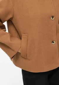 Manteau en laine marron avec poche latérale et boutons, porté sur un pantalon noir, main partiellement dans la poche.