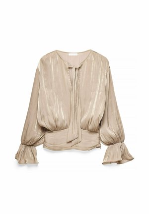 Beige satijnen blouse met lange pofmouwen, elastische manchetten, een gestrikte V-halslijn en een aangesloten tailleband.