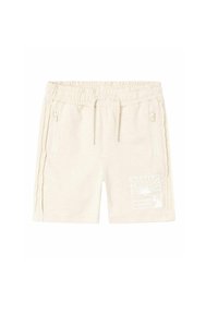 Beige katoenen shorts met een elastische tailleband, zijzakken met rits en een grafische print met een zon en golven op het linkerbeen.