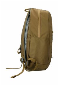 Zaino marrone dal design elegante, con una cerniera laterale e rivestimento in rete. Include spallacci regolabili e una tasca frontale.
