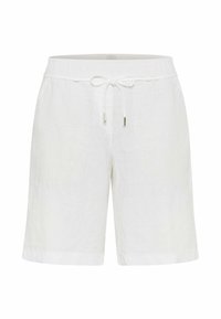 Pantaloni corti bianchi in lino con vita regolabile con lacci metallici, tasche laterali e una vestibilità comoda con orli arrotolati.