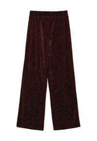 Pantalons larges en velours bourgogne avec un tissu texturé, présentant une coupe ample et une taille élastique, rehaussés de petits points métalliques.