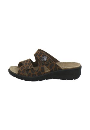 Brown open-toe sandal with black leopard spots, two adjustable straps, a decorative round metal button, and a black cushioned sole.