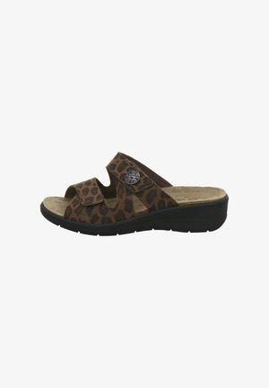 Brown open-toe sandal with black leopard spots, two adjustable straps, a decorative round metal button, and a black cushioned sole.