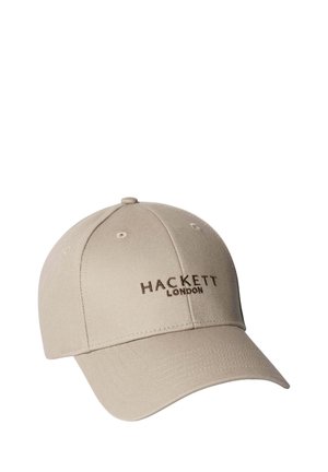 Beige Baseballkappe mit gebogenem Schirm und braunem „Hackett London“-Logo, das vorne in der Mitte gestickt ist.