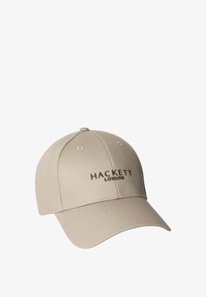 Beige baseballpet met gebogen klep en bruin "Hackett London" logo geborduurd op het midden vooraan.