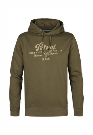 Oliivinvihreä huppari, joka on valmistettu pehmeästä kankaasta. Ominaisuuksiin kuuluu etupuolella oleva graafinen printti, nyörit sekä resorit hihansuissa ja helmassa.