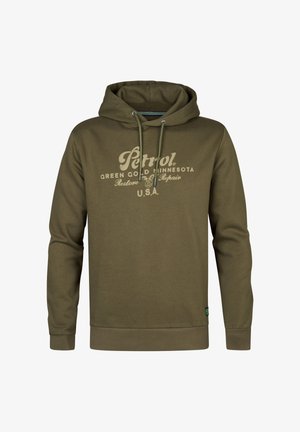 Olijfgroene hoodie gemaakt van zacht materiaal. Bevat een grafische print aan de voorkant, koordjes en geribde manchetten en onderkant.