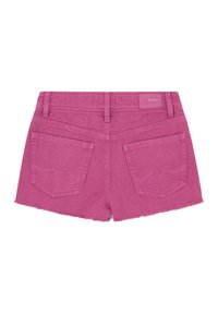 Růžové džíny šortky s roztrhaným lemem, dvě zadní kapsy s jemnými vyšívanými vzory a pasem s poutky na opasek.