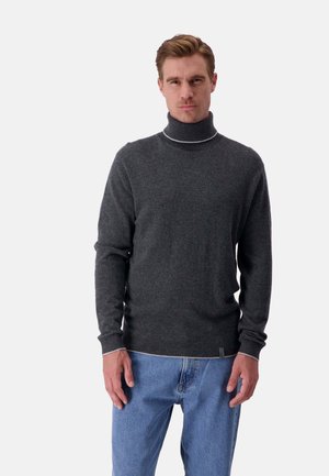 Dunkelgrau Rollkragensweater aus weichem Material mit slim Fit und einem kontrastierenden, hellen Besatz am Kragen und am unteren Saum.