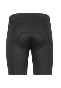 Pantalones cortos de ciclismo ajustados negros con un diseño acolchado en forma de corazón en la parte trasera, con tejido suave y detalles de costura plana.