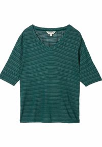 Green striped short-sleeve V-neck shirt made from soft material. Features horizontal stripes in varying shades of green.