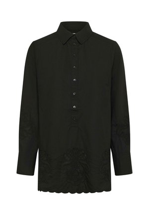 Schwarze Bluse mit langen Ärmeln, Knöpfen vorne, Kragen, gewelltem Saum und dezenten bestickten Blumenmustern an Ärmeln und Saum.