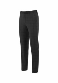 Grijze geruite broek met een getailleerde pasvorm, voorzien van een vlakke voorkant, zijzakken en een gladde textuur. Geschikt voor formele gelegenheden.