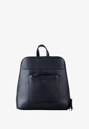 Black leather backpack with a smooth texture, rounded edges, subtle stitching, and a front zippered pocket. Features a top handle for carrying.
