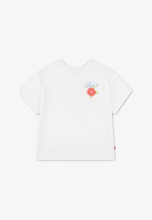 Fehér pamut póló, rózsaszín és zöld virágmintával, a bal váll közelében kék "Levi's" felirattal. Normál szabású.