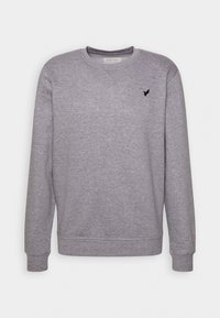 Sweat-shirt gris clair à manches longues avec col rond, poignets et ourlet côtelés, arborant un petit logo oiseau noir brodé sur la poitrine gauche.