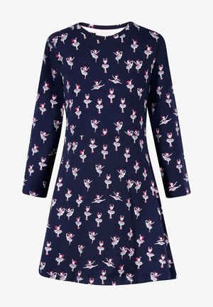 Navy Kleid aus Baumwolle mit einem verspielten Allover-Druck von Balletttänzern in Pink und Grau, mit langen Ärmeln und einer ausgeschnittenen Silhouette.