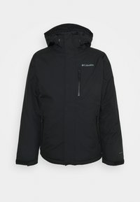 Giacca invernale nera Columbia con cappuccio, tasca con zip sul petto anteriore e cinturini regolabili ai polsi su sfondo neutro.