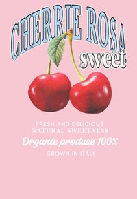 Červené třešně s lesklou slupkou, spojené se zeleným listem, na růžovém pozadí. Text vyzdvihuje organickou sladkost a italský původ.