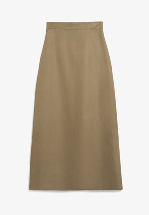 Une jupe taille haute, de longueur genou, en tissu marron uni et sobre, avec une texture lisse et une silhouette droite, présentant des bords nets.