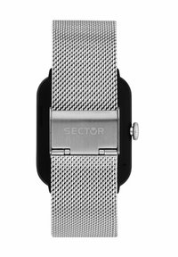 Bracciale in rete argentata con quadrante rettangolare nero. Include una chiusura a morsetto e una corona laterale. "SECTOR" è incisa sulla chiusura.