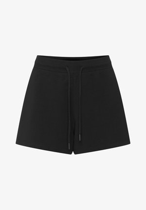 Czarne bawełniane szorty z elastycznym paskiem w talii i sznurkiem do regulacji, o gładkiej, matowej teksturze. Zaprojektowane w luźnym kroju, bez kieszeni.