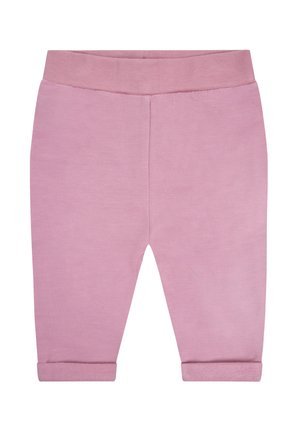 Weiche rosa Baby-Leggings mit umgeschlagenen Bündchen und einem elastischen Bund, flach auf weißem Hintergrund gezeigt.