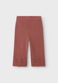 Roze gebreide leggings met een aansluitende tailleband en kantachtige geschulpte zoomdetails bij de manchetten. Glad textuur over de gehele lengte.