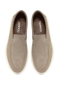 Beige suede slip-on shoes with a smooth texture, white rubber soles, and stitched detailing along the sides. Interior features brown lining.