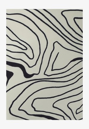 Black wavy lines on a light beige background form an abstract pattern. The design features varying widths and smooth curves.