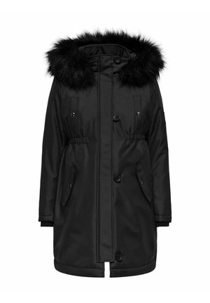 Giacca parka nera con cappuccio foderato in pelliccia sintetica, vita regolabile con cordino, due tasche anteriori e chiusura a bottoni. Tessuto morbido e costruzione robusta.