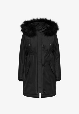 Mustmust vest, mille valge kunstkarvaga voodriga kapuuts, nööriga vöökoht, kaks esikot ja nööbi sulgemine. Sile kangas ja tugev konstruktsioon.