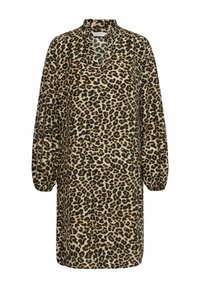 Klänning i leopardmönster med hög krage, långa ärmar och en lös silhuett. Tillverkad av mjukt tyg med ett strukturerat mönster i brunt och svart.