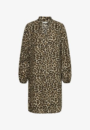Leopard print dress with a high collar, long sleeves, and a loose silhouette. Made from soft fabric with a textured pattern in brown and black.