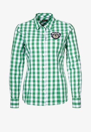 Camisa de cuadros en verde y blanco de manga larga con cuello abotonado, que presenta un parche de logo en el lado izquierdo del pecho y botones blancos.