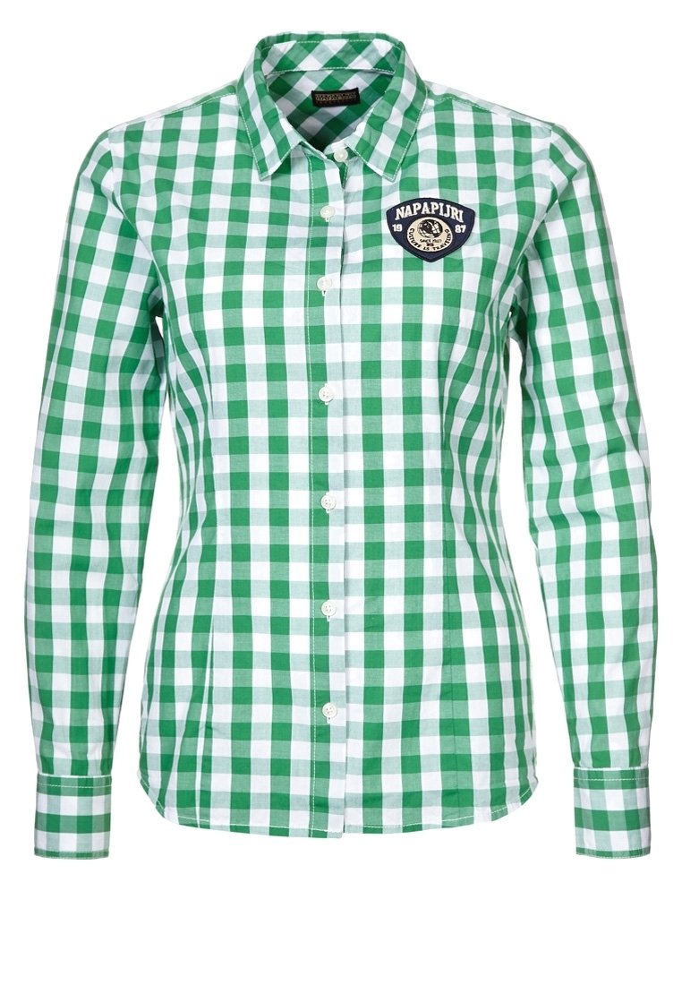 Grün-weiß kariertes Langarmhemd mit einem Button-Down-Kragen, das ein Logopatch auf der linken Brust und weiße Knöpfe aufweist.