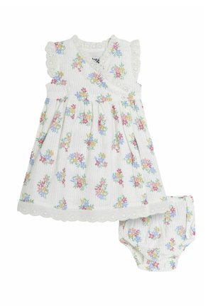 Ziedu kleitas komplekts ar baltu pamatu un krāsainiem ziedu rakstiem, mīkstām salocītām piedurknēm un viļņotām malām. Iekļauta atbilstoša autiņbiksīšu komplekts.