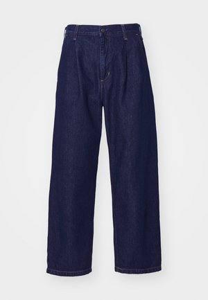 Dark blue denim jeans, wide-leg design, high waist, featuring a button closure and classic five-pocket styling. Smooth texture, subtle stitching.