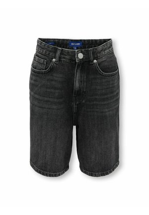 Čierne rifľové kraťasy s predným gombíkom a zipsom, pútkami na opasok a piatimi vreckami, s nápisom "ONLY & SONS" na páse.