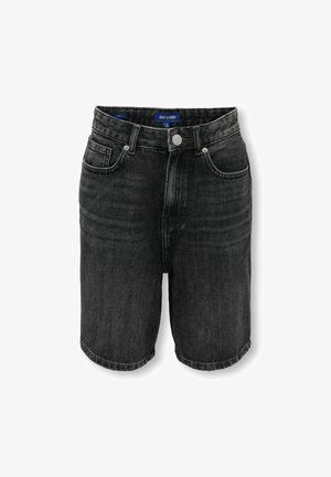 Sorte denimshorts med forreste knap og lynlås, bæltestropper og design med fem lommer, mærket "ONLY & SONS" på linningen.