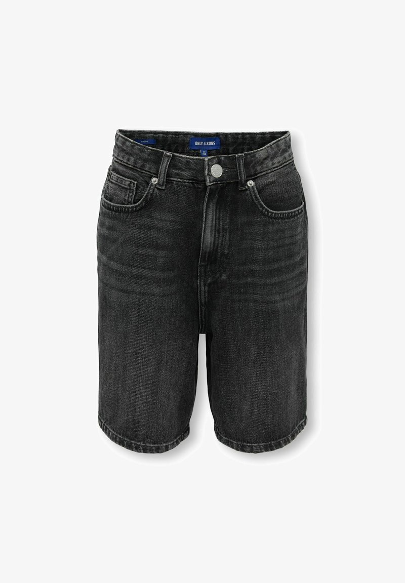 Shorts en denim noir avec bouton et fermeture éclair à l'avant, passants pour ceinture et design à cinq poches, étiquetés "ONLY & SONS" sur la ceinture.