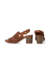 Braune Leder-Slingback-Sandalen mit offenem Zehenbereich, Ausschnittdesign und einem gestapelten Blockabsatz. Verstellbarer Riemen mit einer runden Schnalle.