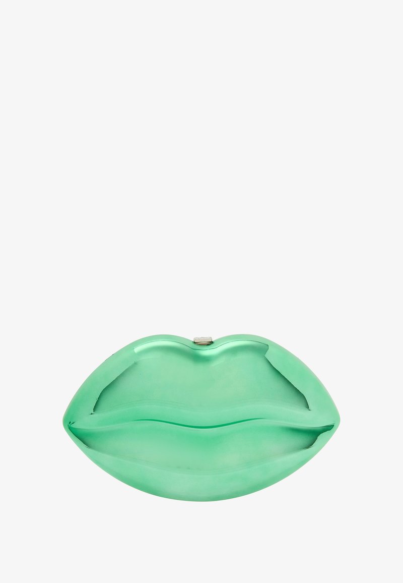 Zielony akrylowy kopertówka w kształcie ust, z gładkimi krzywiznami i metalowym zapięciem na górze, zapewniającym bezpieczne zamknięcie.