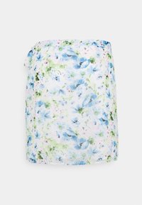 Blumiger Rock aus leichtem Stoff, mit einem weißen Hintergrund und Mustern aus blauen, grünen und rosafarbenen Blumen. Gerafftes Design mit lockerer Passform.