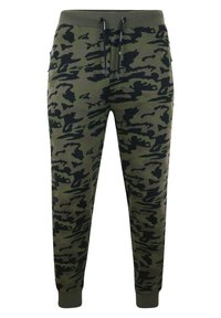 Olivegrüne Cargohosen mit schwarzen Mustern, elastischem Bund mit Kordelzug, Bündchen an den Knöcheln und seitlichen Taschen.