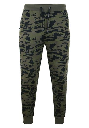 Olijfgroene camouflage joggingsbroek met zwarte patronen, elastische tailleband met trekkoord, boorden bij de enkels en zijzakken.