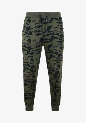 Olijfgroene camouflage joggingsbroek met zwarte patronen, elastische tailleband met trekkoord, boorden bij de enkels en zijzakken.